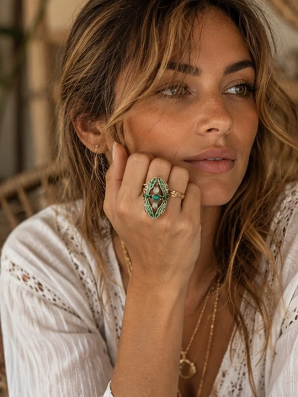 Vintage Boho Emerald Green Enamel Crystal Statement Cocktail Ring